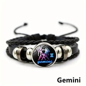 Gemini Zodiac Bracelet Handwoven Wax Rope and Leather‎ Unisex